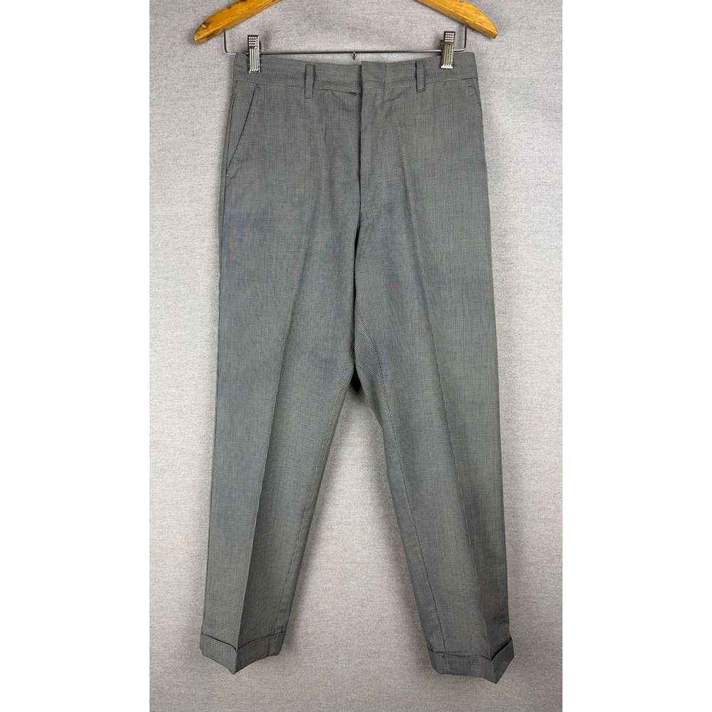 Vintage 50s Farah Slacks Grey Blue Micro Check Talon Zipper Cuffed Pants 27x26